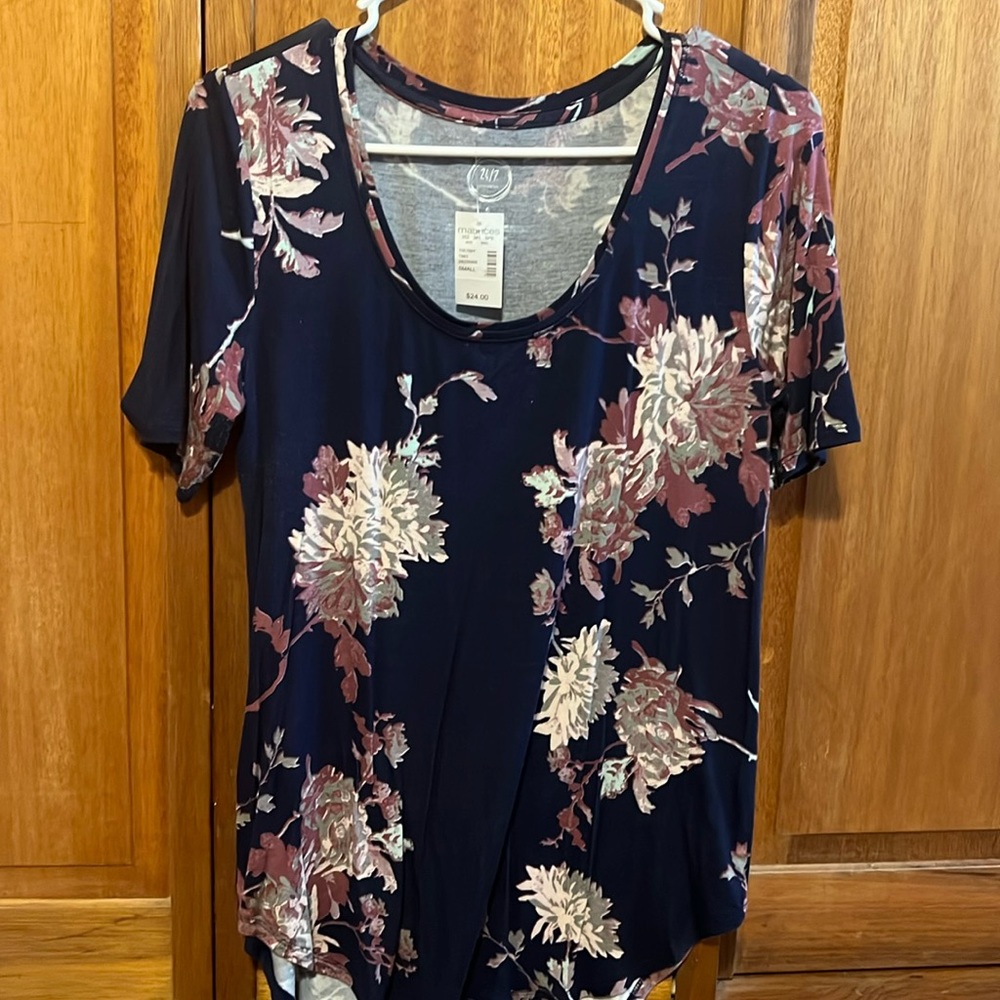 Brand New!! W/Tags Maurice’s Navy Blue shirt with light pink, purple flowers.
